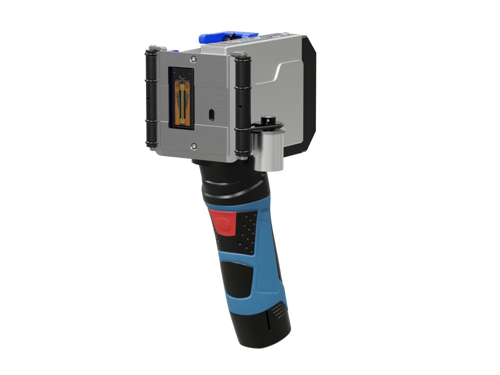 Handheld industrial scanner with a rectangular metal module mounted on top, blue and black ergonomic grip, and a red trigger.