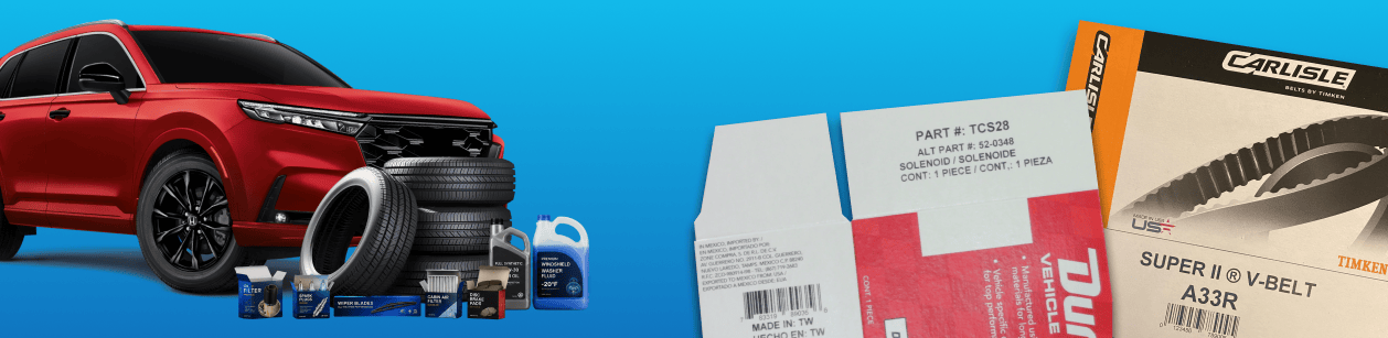 Red SUV with a stack of tires and car maintenance products displayed on a blue background.