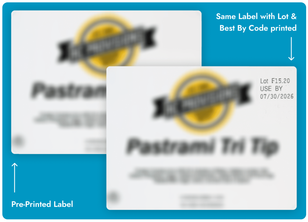 Graphic showing two overlapping pre-printed product labels on a blue background; labels include a lot number and use-by date, illustrating 'Same Label with Lot & Best By Code printed'