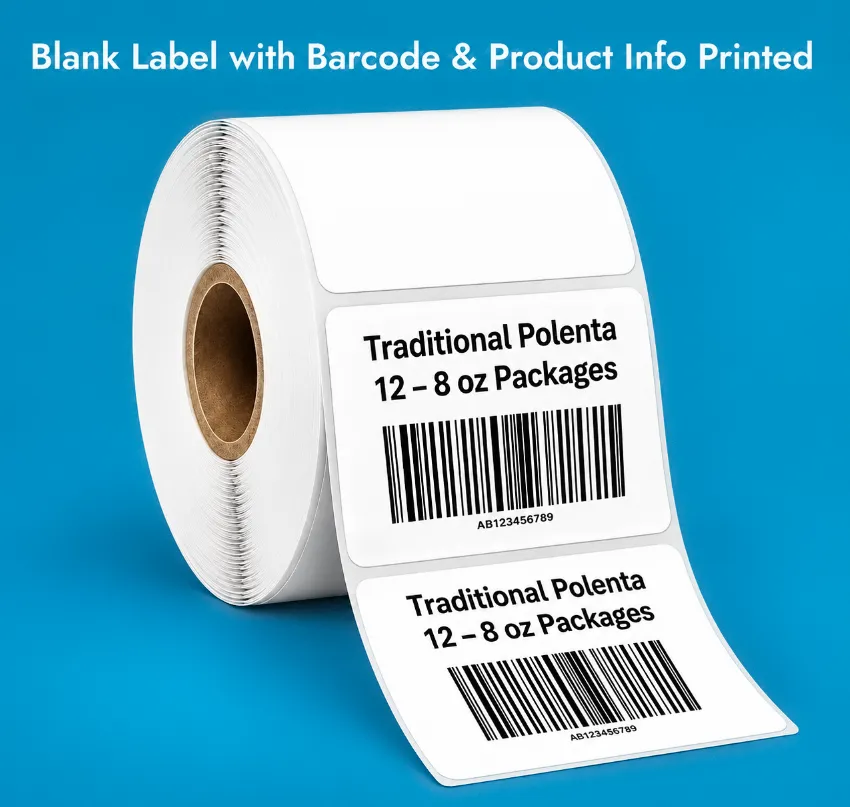 Roll of blank label stock with two printed labels showing 'Traditional Polenta 12–8 oz Packages' and barcodes on a blue background.