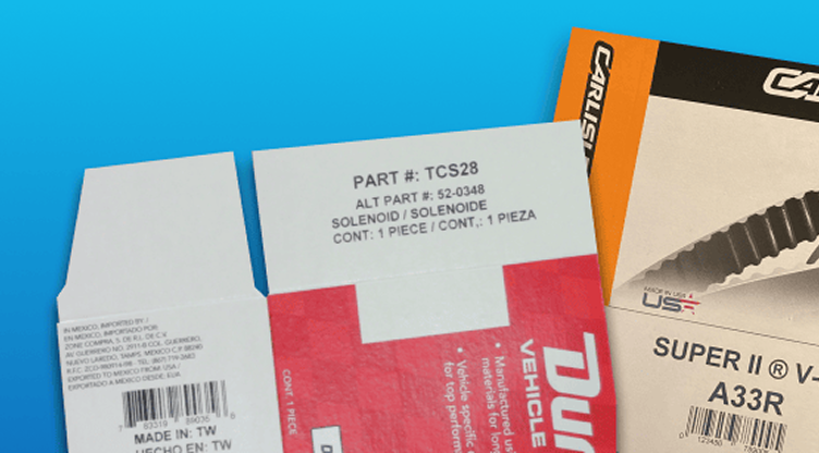 Assorted automotive parts packaging on a blue background; one label shows PART #: TCS28 and SOLENOID / SOLENOID, with other product boxes nearby.