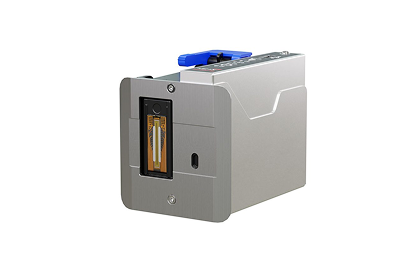 Desktop ID card printer with visible ribbon cartridge at the front and a blue feed handle on top.